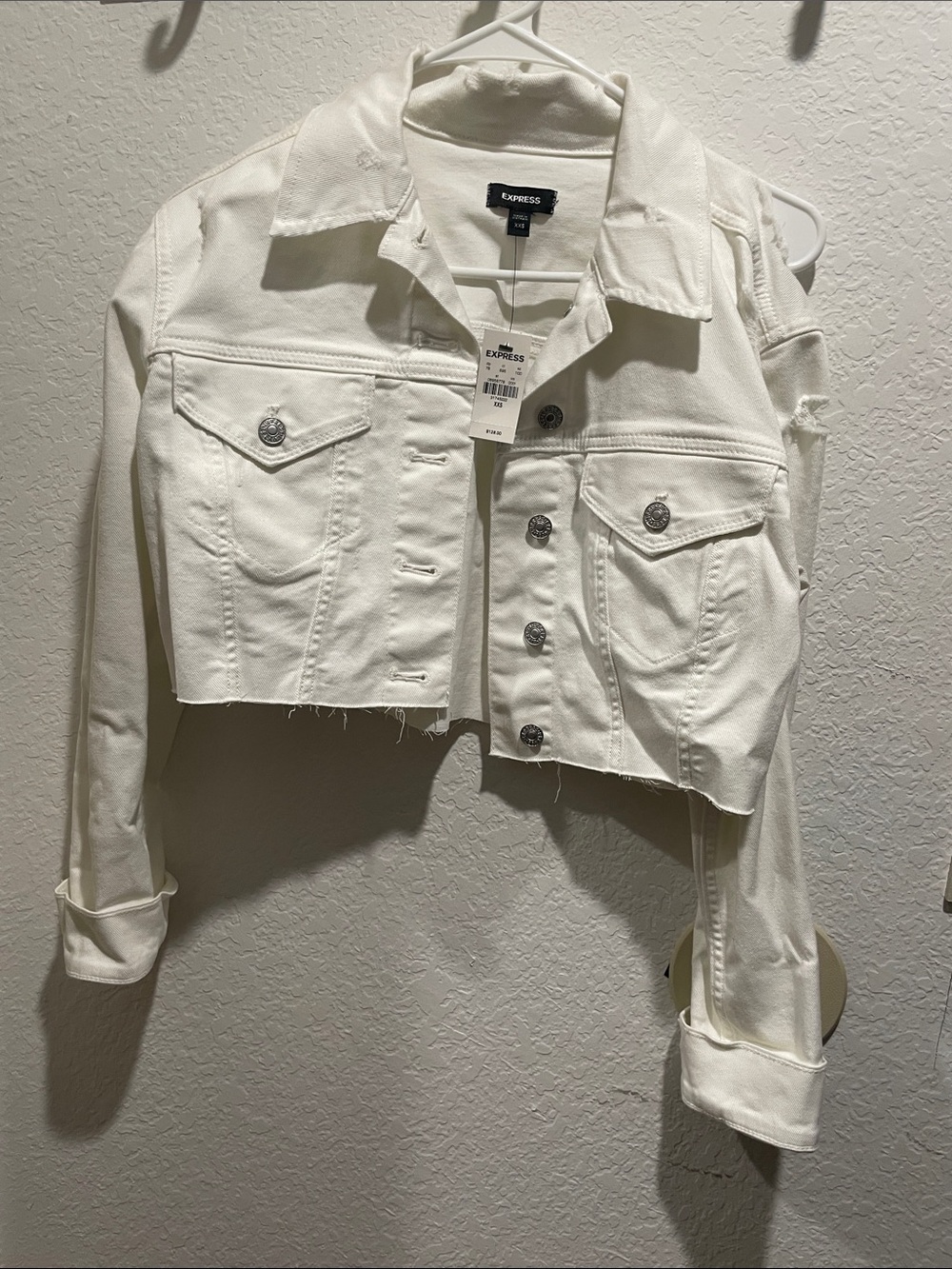 Express White Cropped Raw-Hem Denim Jacket